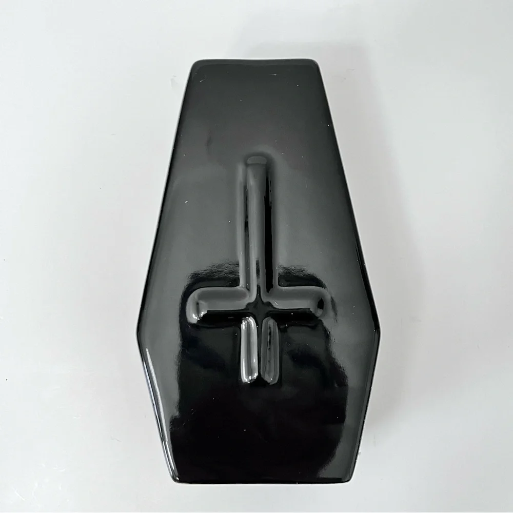 New Killstar Haunted Homeware Black Coffin Shape Vase Ceramic Glossy Cross Large